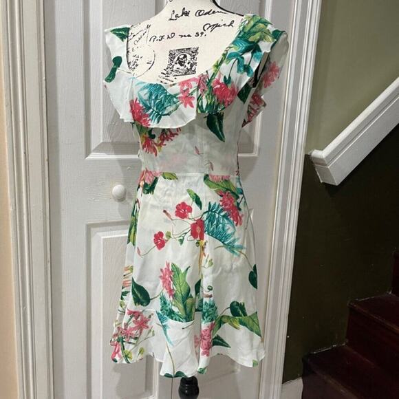 REFORMATION MINI DRESS PERLA RUFFLE SCOOP NECK TROPICAL FLORAL Sz 4 COCONUTGIRL - Picture 11 of 16